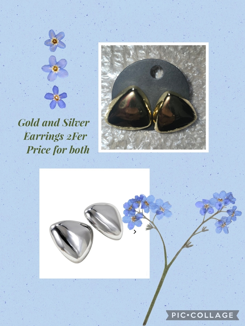 Gold and Silver Triangular Stud Earrings - Two Pair Set